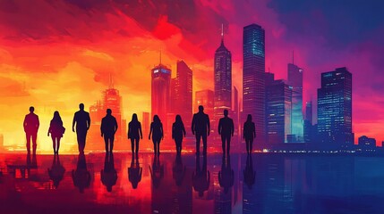 Silhouettes of people walking towards a cityscape with a vibrant sunset in the background.