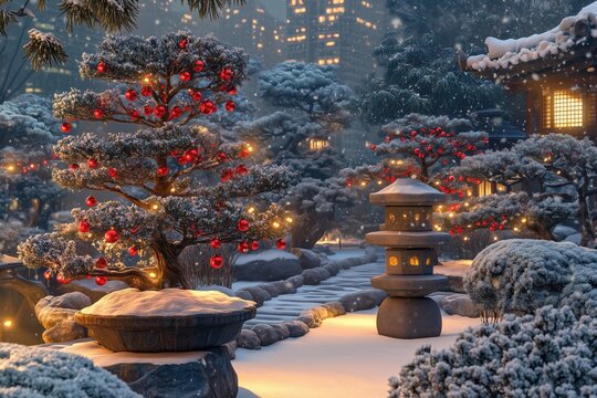 Festively decorated bonsais in a snowy Japanese winter garden