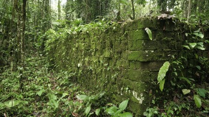 Fototapeta premium Remnants of a Once Thriving Civilization: Crumbling Stone Wall Overgrown with Moss and Ivy in Dense Forest Setting
