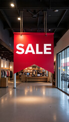 Large red sale banner hanging in a clothing store with a modern interior for retail promotion concept