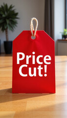 Red price cut tag with bold text on a wooden table in a modern interior for promotional concept