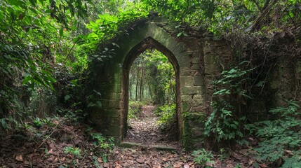 Enigmatic Stone Archway Overgrown with Vines in Magical Forest Setting, Leading to Forgotten Path | Ultra-Detailed Photo
