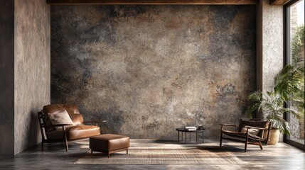 A cozy, minimalist living room featuring earth-toned furniture and an artistic textured wall.