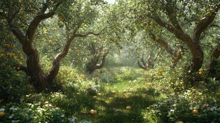 Whispers of a Forgotten Orchard: Gnarled Trees, Fallen Fruit, and Wildflowers Painting the Tale of Abandoned Harvests