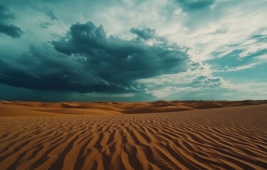 Naklejka premium Photograph of an Endless Desert with Sand Ripples and a Dramatic Cloudy Sky