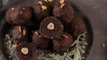 Dark chocolate truffles with hazelnuts