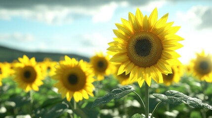 A vibrant sunflower basking in the sunlight, surrounded by a field of cheerful blooms, evoking joy and warmth.