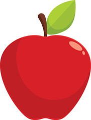 Cartoon shiny red apple with green leaf representing healthy eating habits and freshness