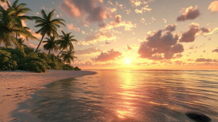 A serene sunset over a tropical beach, featuring palm trees silhouetted against a colorful sky.