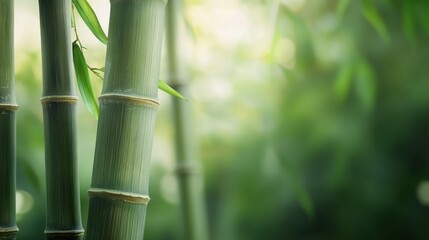 Fototapeta premium Close-up of green bamboo stalks with soft blurred background, showcasing nature's elegance and tranquility.