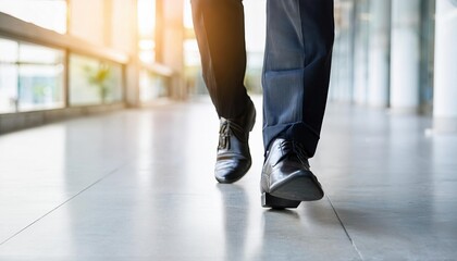 The feet of a businessman with a slim body  wearing a black suit show walking in a modern office building with sunlight behind