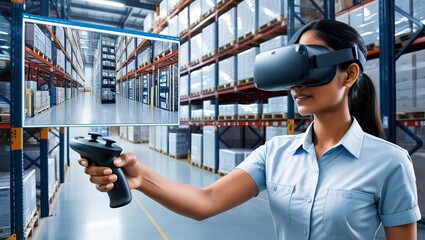 A woman using a virtual reality headset and controller in a warehouse setting, engaging with a digital representation of the space.