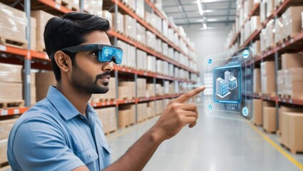 A person wearing augmented reality glasses interacts with a digital interface in a warehouse filled with stacked boxes.