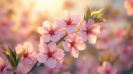 Obraz premium Delicate pink cherry blossoms in full bloom, illuminated by warm sunlight, creating a serene and uplifting atmosphere.