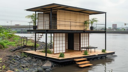 Fototapeta premium A small house is floating on a body of water