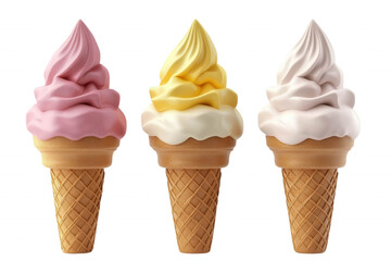 Three ice cream cones in pink, yellow, and white, isolated on transparent or white background