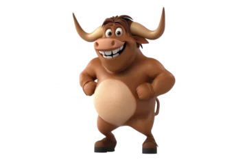 A cartoon bull with a wide grin stands with hands on hips, isolated on transparent or white background
