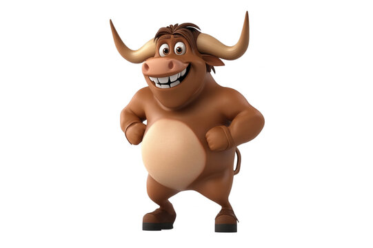 A cartoon bull with a wide grin stands with hands on hips, isolated on transparent or white background