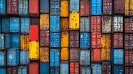 Fototapeta premium An aerial view of colorful shipping containers stacked high in a port.
