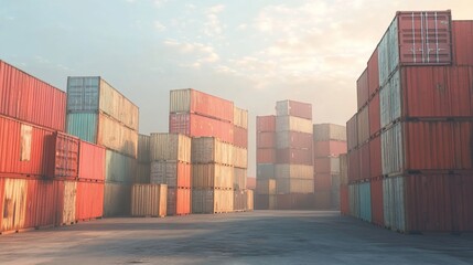 Fototapeta premium A vast shipping container yard at dawn, with rows of colorful containers stacked high.