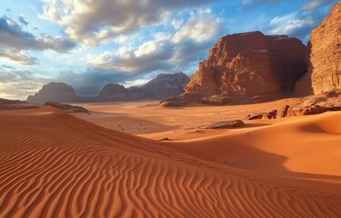 Naklejka premium Photograph of an Endless Desert with Sand Ripples and a Dramatic Cloudy Sky