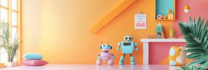 Fototapeta premium Brightly colored walls create a playful atmosphere for cheerful robots assisting children in various fun activities throughout the room. Generative AI