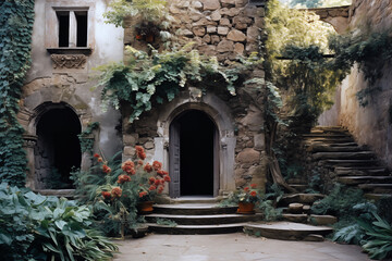Rustic stone courtyard with arched doorway, plants, and climbing ivy
