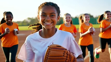 Diverse Middle School Girls Softball Team Celebrating on the Field - Powered by Adobe