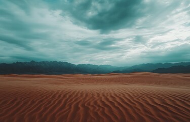 Photograph of an Endless Desert with Sand Ripples and a Dramatic Cloudy Sky