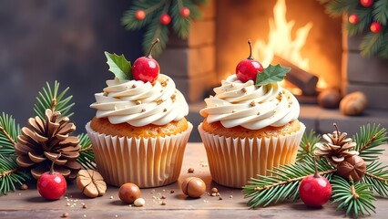 Delightful and Festive Cupcakes Displayed by the Cozy Fireplace with Beautiful Holiday Decor