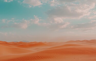 Naklejka premium Photograph of an Endless Desert with Sand Ripples and a Dramatic Cloudy Sky