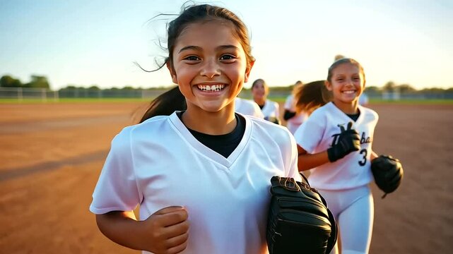 Diverse Middle School Girls Softball Team Running onto the Field