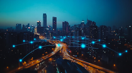 Fototapeta premium Smart digital Innovation city Business skyscrapers in the Financial District with connection network reciprocity over the cityscape at night time of future smart wireless social media networking 