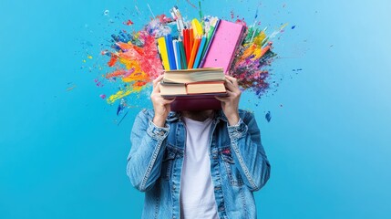 Creative Explosion: Vibrant Books and Artistic Colors Burst from Person's Head