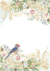 Christmas watercolor junk journal page, Xmas planner blank, holiday winter card template, fir tree ornaments