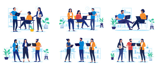 People at work in office collection - Set of illustration with businesspeople working on computers together, talking and discussing business, projects and company. Flat design vector graphics