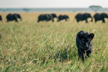 A striking black panther moves stealthily through the lush grasses of the savannah, its keen eyes focused on the surrounding landscape, as elephants roam in the distance