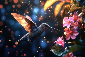 Fototapeta premium Hummingbird gracefully hovering near vibrant pink blossoms