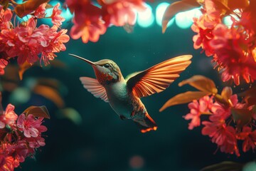 Naklejka premium Hummingbird in flight surrounded by vibrant pink blossoms