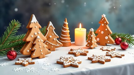 Gingerbread cookies, uniquely shaped like trees and stars, are beautifully adorned with icing and festive decorations