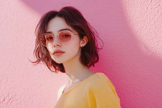Young woman with short hair and pink sunglasses poses against a vibrant pink wall during daylight in a trendy urban setting. Generative AI