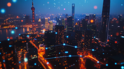 Obraz premium Smart digital Innovation city Business skyscrapers in the Financial District with connection network reciprocity over the cityscape at night time of future smart wireless social media networking 
