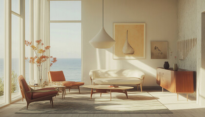 Design a seaside villa living room with vintage furniture, Morandi color scheme, vintage art, minimalist design, coziness, creamy style, high definition