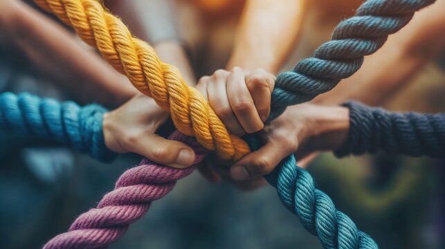 Close-up of hands holding colorful ropes intertwined.