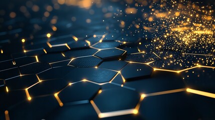 Obraz premium A futuristic metallic wall with glowing hexagonal patterns in gold and dark blue