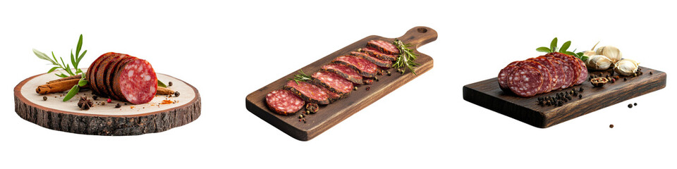 Fototapeta premium Set of A Sliced smoked salami with spices on a wooden board, isolated against , isolated on a transparent background, cutout
