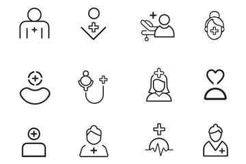 Patient health medical treatment line vector icon set. Vector illustration of people, medical, diagnosis, checkup, hospital, bed, ambulance, doctor, stethoscope, patient, prescription, help aid cross.