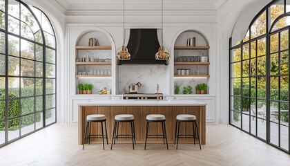 General shot, cinematic photography, super expensive and chic kitchen with central island with three stool chairs from the luxurious neoclassical mansion, white walls, modern and luxurious cabinets wi