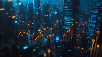 Smart digital Innovation city Business skyscrapers in the Financial District  with connection network reciprocity over the cityscape at night time of future smart wireless  social media networking 