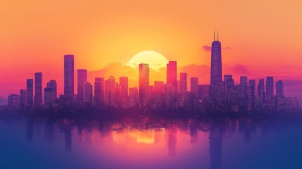 Fototapeta premium A breathtaking view of a vibrant sunset over a city skyline, reflected in calm waters with a mixture of warm and cool colors creating a serene ambiance.
